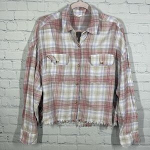 American Eagle Plaid Button Crop Shirt Large Cotton Western Oversized Top
